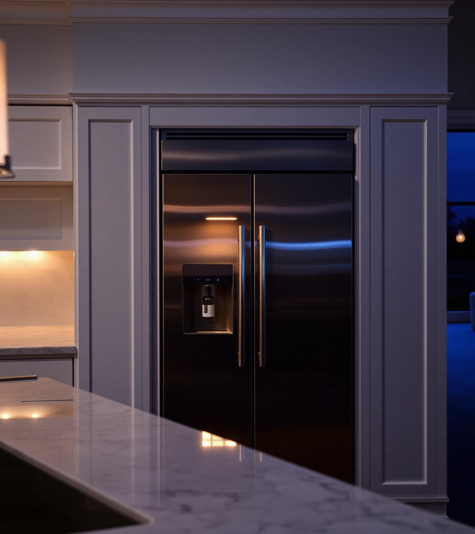 Integrated luxury refrigerator in a marble Hamptons kitchen